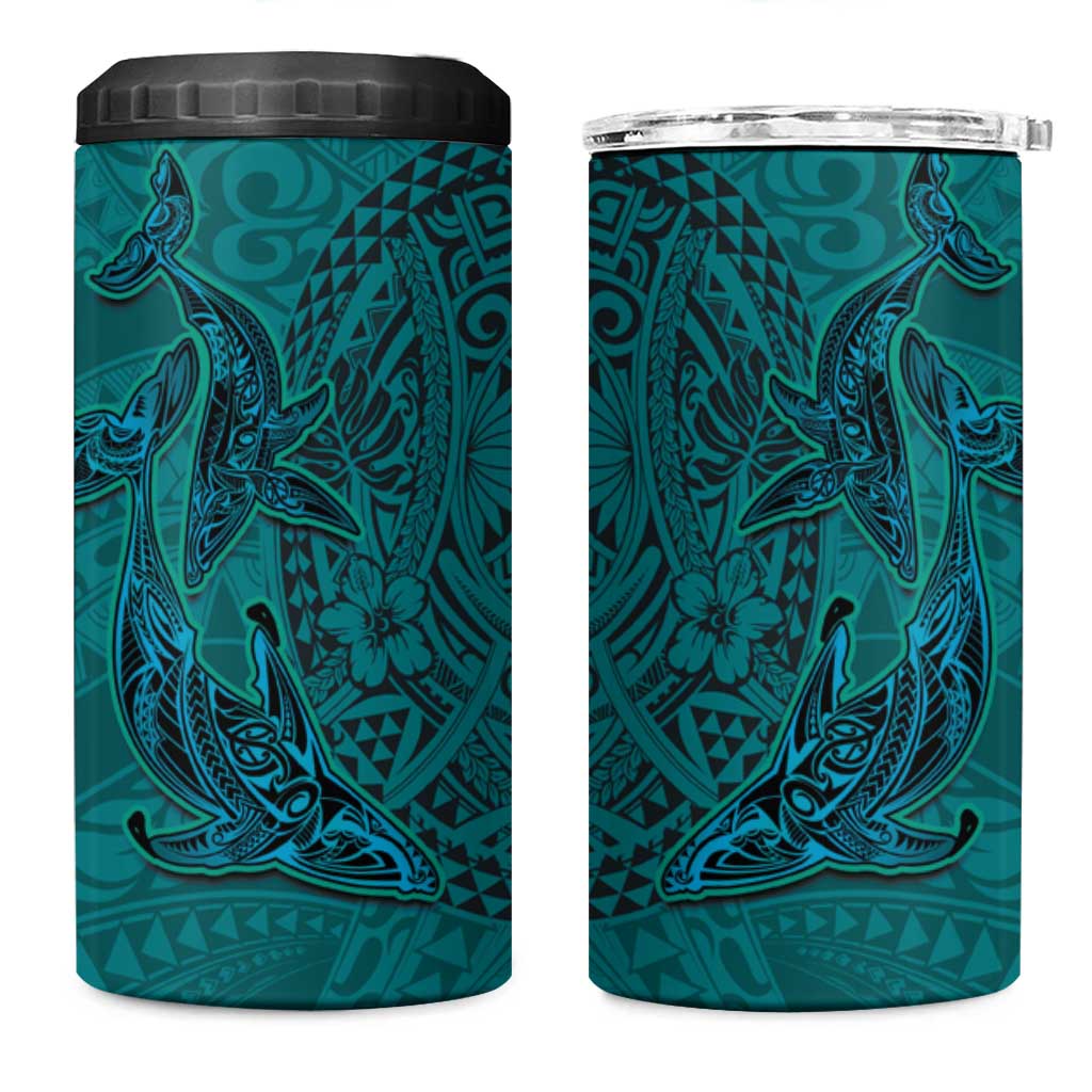 Hawaiian Whales Polynesian Art Motifs 4 in 1 Can Cooler Tumbler Turquoise Color - Polynesian Pride
