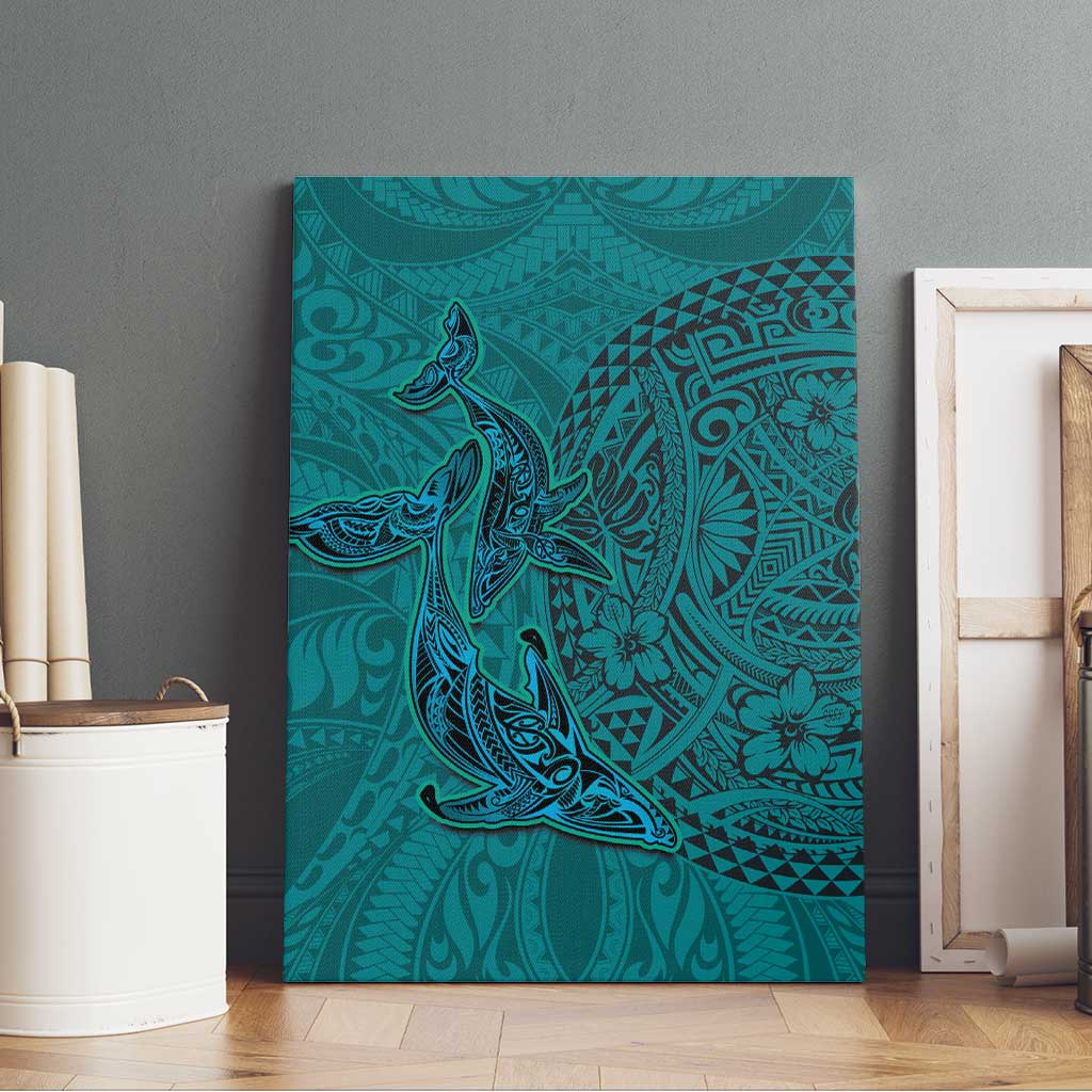 Hawaiian Whales Polynesian Art Motifs Canvas Wall Art Turquoise Color LT03 - Polynesian Pride