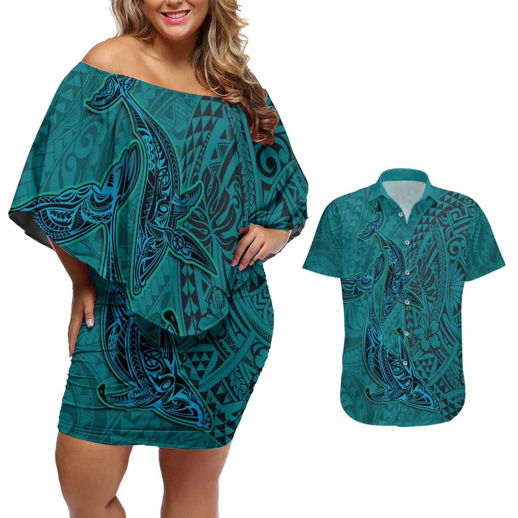 Hawaiian Whales Polynesian Art Motifs Couples Matching Off Shoulder Short Dress and Hawaiian Shirt Turquoise Color - Polynesian Pride