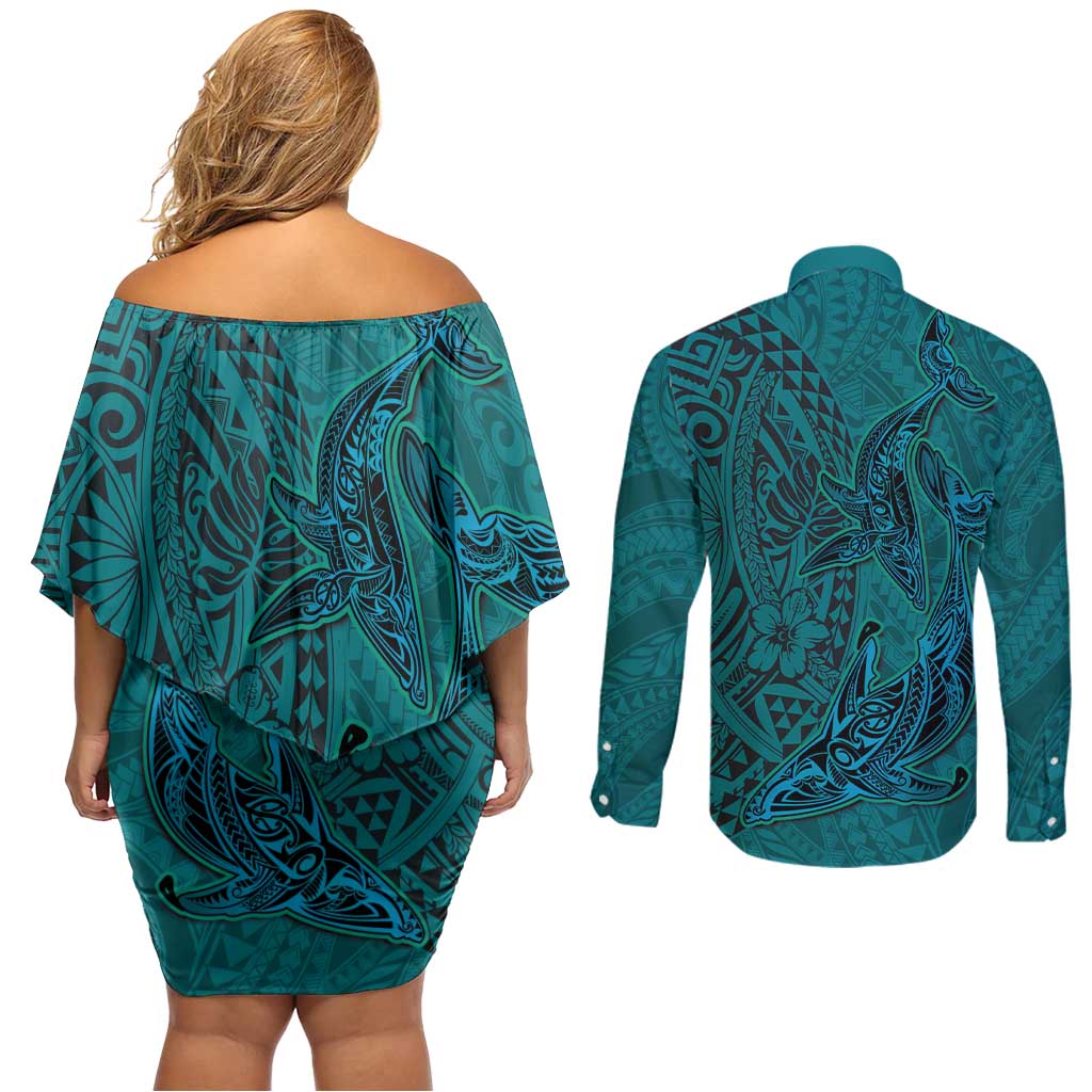 Hawaiian Whales Polynesian Art Motifs Couples Matching Off Shoulder Short Dress and Long Sleeve Button Shirt Turquoise Color - Polynesian Pride