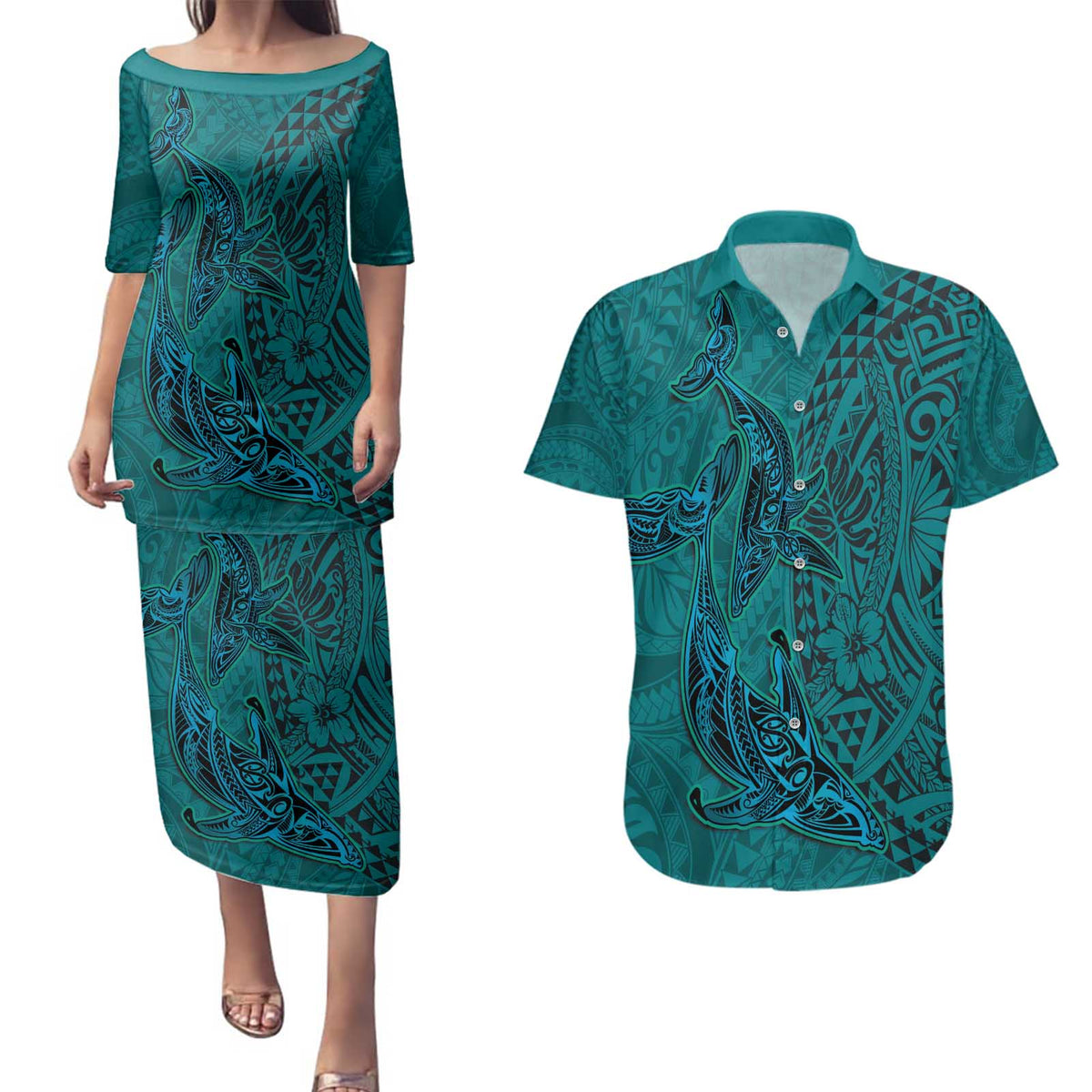 Hawaiian Whales Polynesian Art Motifs Couples Matching Puletasi and Hawaiian Shirt Turquoise Color - Polynesian Pride