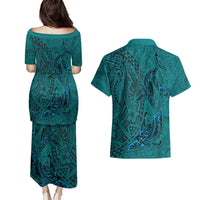 Hawaiian Whales Polynesian Art Motifs Couples Matching Puletasi and Hawaiian Shirt Turquoise Color - Polynesian Pride