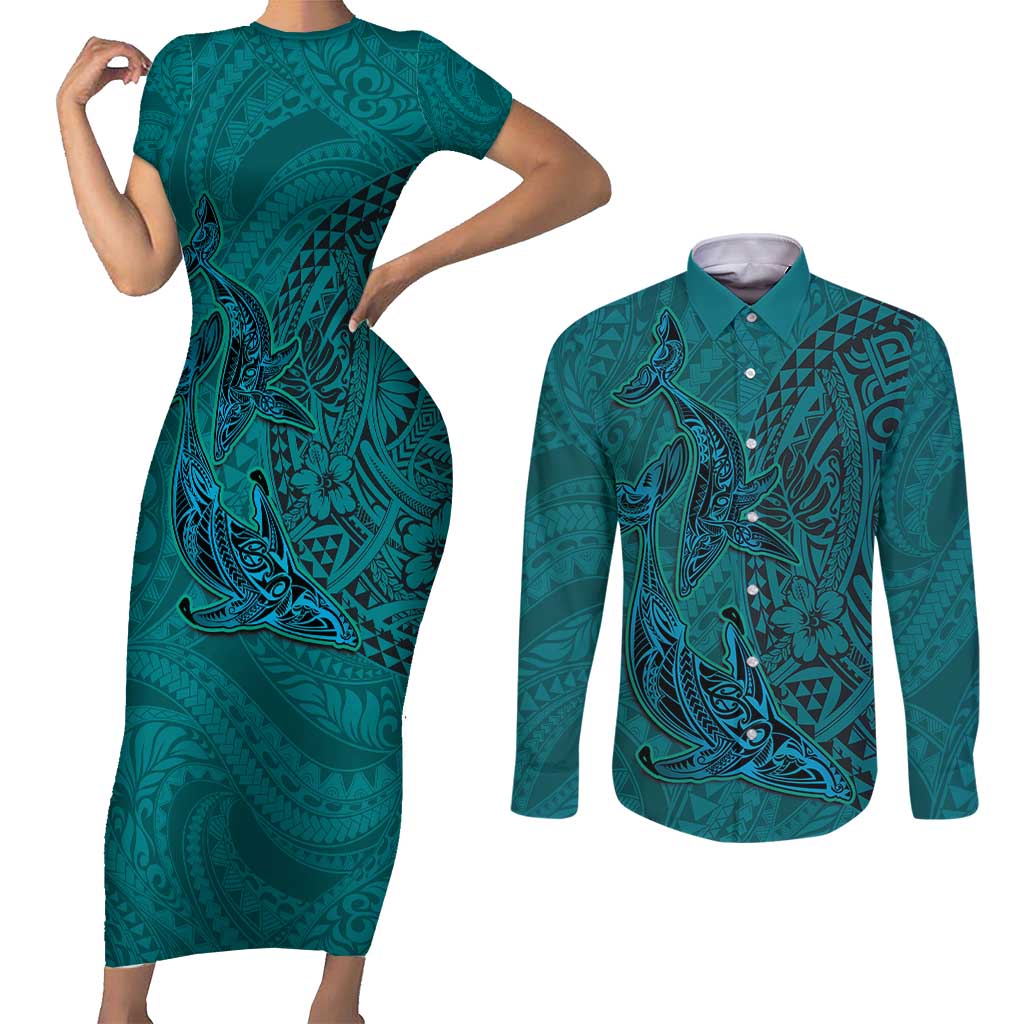 Hawaiian Whales Polynesian Art Motifs Couples Matching Short Sleeve Bodycon Dress and Long Sleeve Button Shirt Turquoise Color - Polynesian Pride