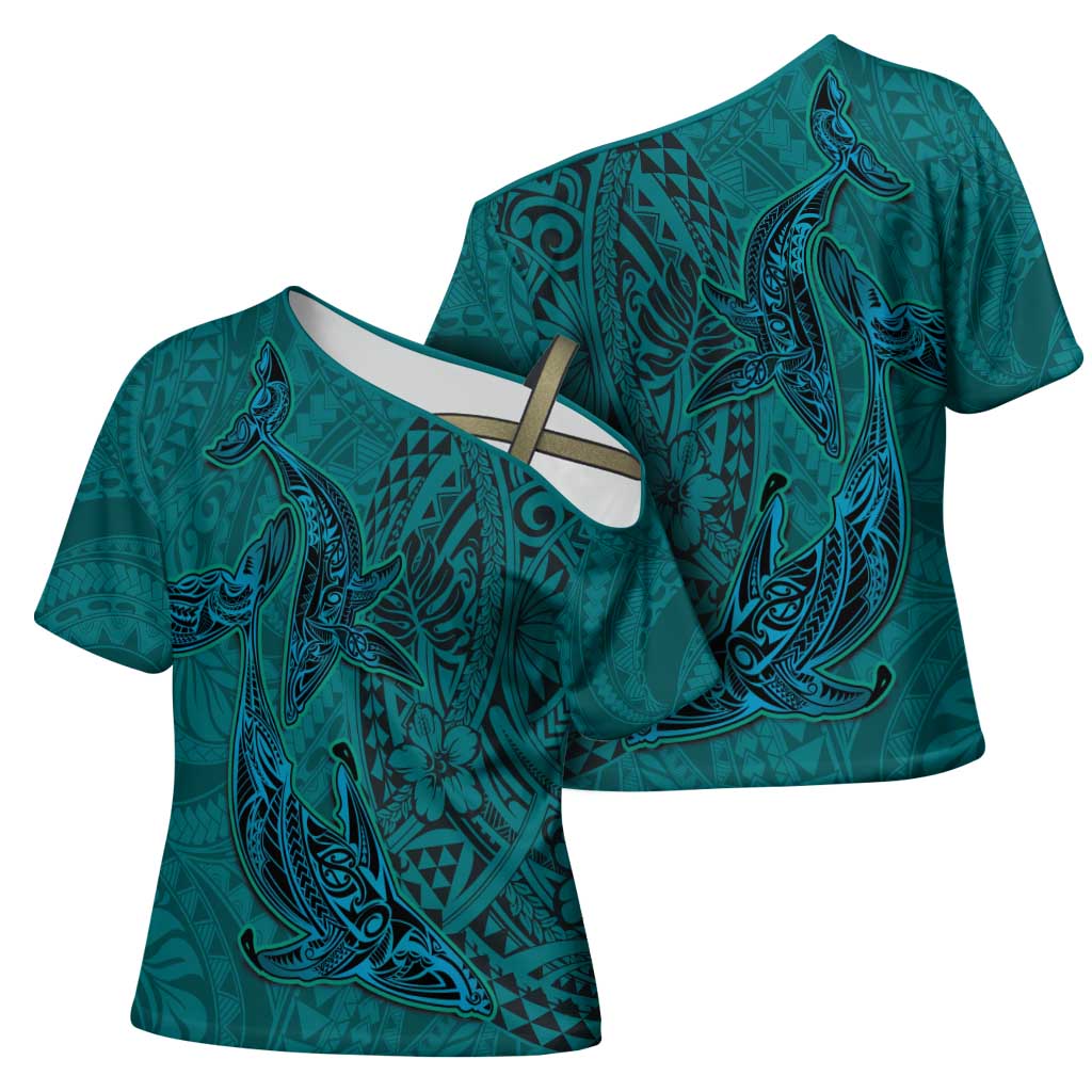 Hawaiian Whales Polynesian Art Motifs Cross Shoulder Shirt Turquoise Color LT03 - Polynesian Pride