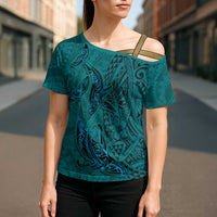 Hawaiian Whales Polynesian Art Motifs Cross Shoulder Shirt Turquoise Color LT03 - Polynesian Pride