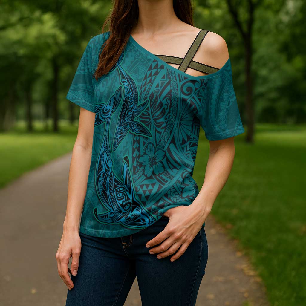 Hawaiian Whales Polynesian Art Motifs Cross Shoulder Shirt Turquoise Color LT03 - Polynesian Pride