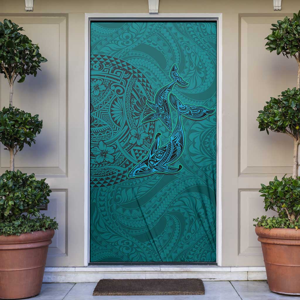 Hawaiian Whales Polynesian Art Motifs Door Cover Turquoise Color LT03 Turquoise - Polynesian Pride