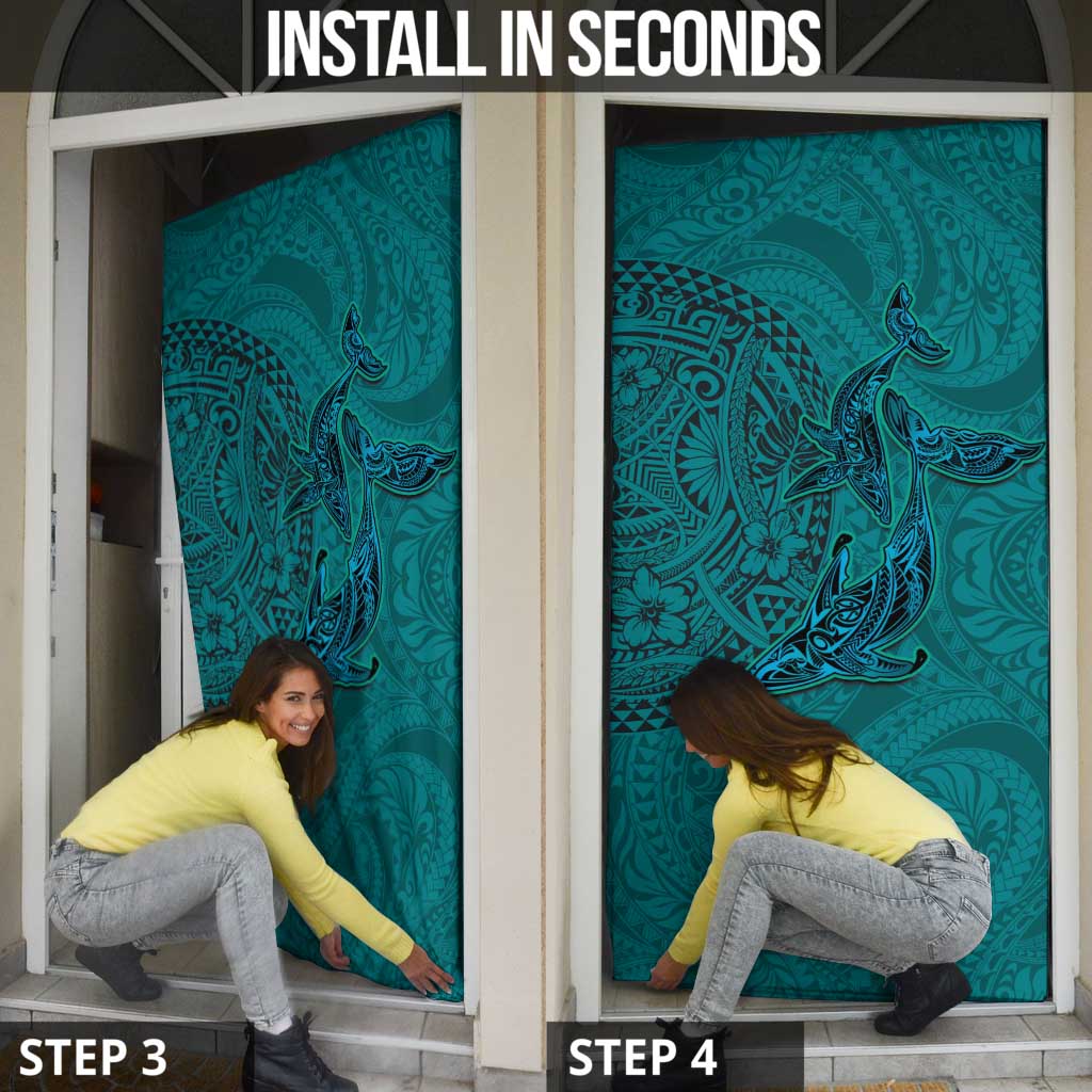 Hawaiian Whales Polynesian Art Motifs Door Cover Turquoise Color LT03 - Polynesian Pride