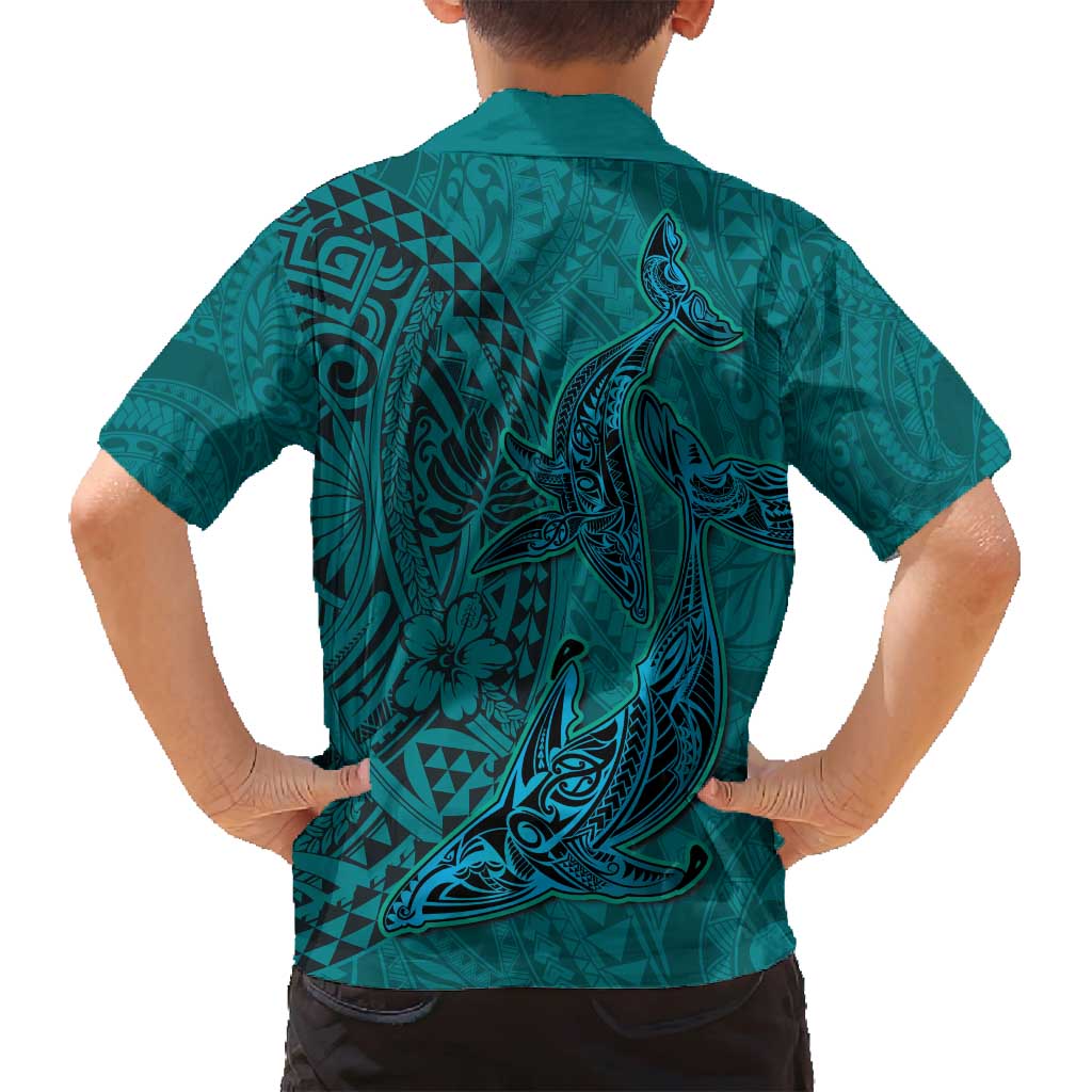 Hawaiian Whales Polynesian Art Motifs Family Matching Long Sleeve Bodycon Dress and Hawaiian Shirt Turquoise Color - Polynesian Pride
