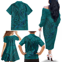 Hawaiian Whales Polynesian Art Motifs Family Matching Off The Shoulder Long Sleeve Dress and Hawaiian Shirt Turquoise Color - Polynesian Pride