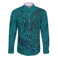 Hawaiian Whales Polynesian Art Motifs Family Matching Off The Shoulder Long Sleeve Dress and Hawaiian Shirt Turquoise Color - Polynesian Pride