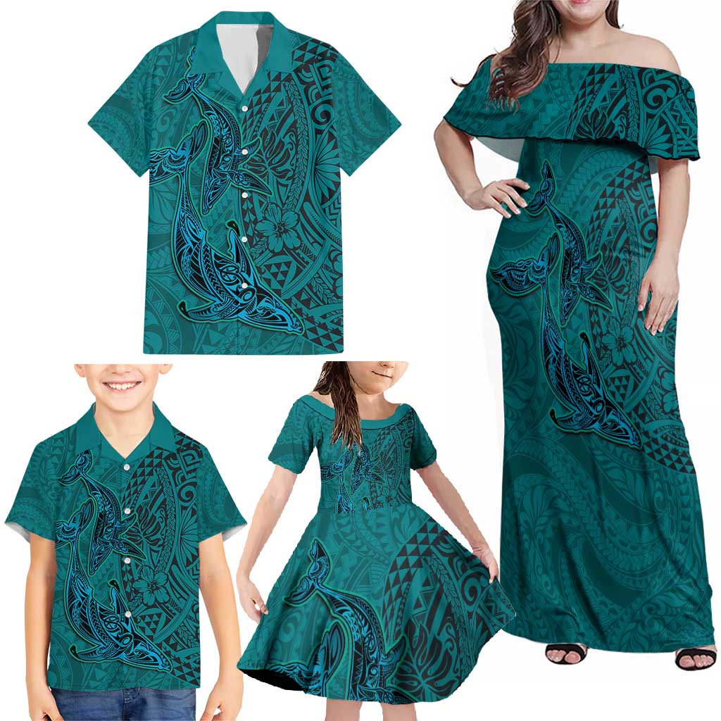 Hawaiian Whales Polynesian Art Motifs Family Matching Off Shoulder Maxi Dress and Hawaiian Shirt Turquoise Color - Polynesian Pride