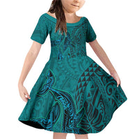 Hawaiian Whales Polynesian Art Motifs Family Matching Off Shoulder Short Dress and Hawaiian Shirt Turquoise Color - Polynesian Pride
