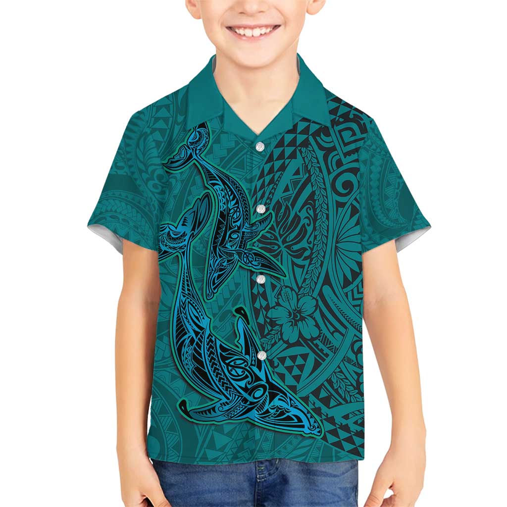 Hawaiian Whales Polynesian Art Motifs Family Matching Off Shoulder Short Dress and Hawaiian Shirt Turquoise Color - Polynesian Pride