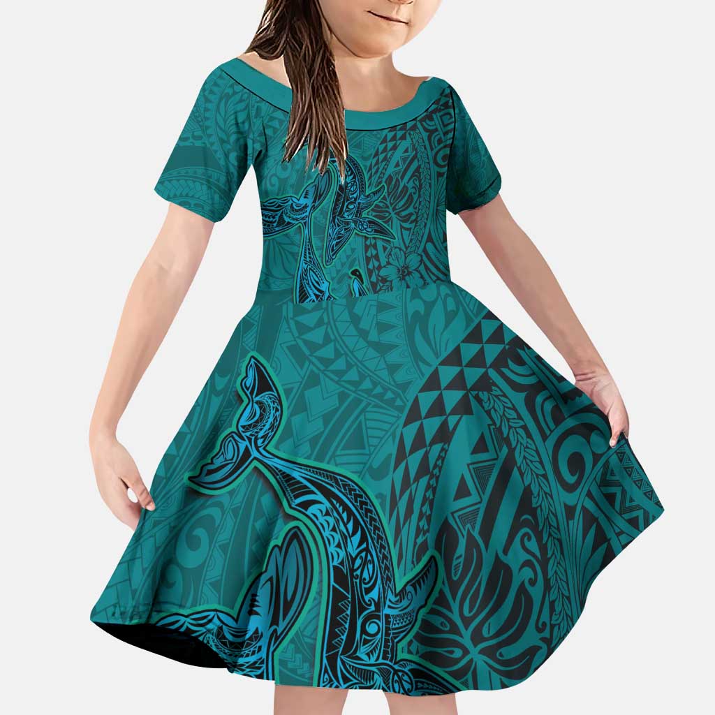 Hawaiian Whales Polynesian Art Motifs Family Matching Puletasi and Hawaiian Shirt Turquoise Color - Polynesian Pride