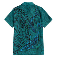 Hawaiian Whales Polynesian Art Motifs Family Matching Short Sleeve Bodycon Dress and Hawaiian Shirt Turquoise Color - Polynesian Pride