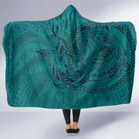 Hawaiian Whales Polynesian Art Motifs Hooded Blanket Turquoise Color - Polynesian Pride