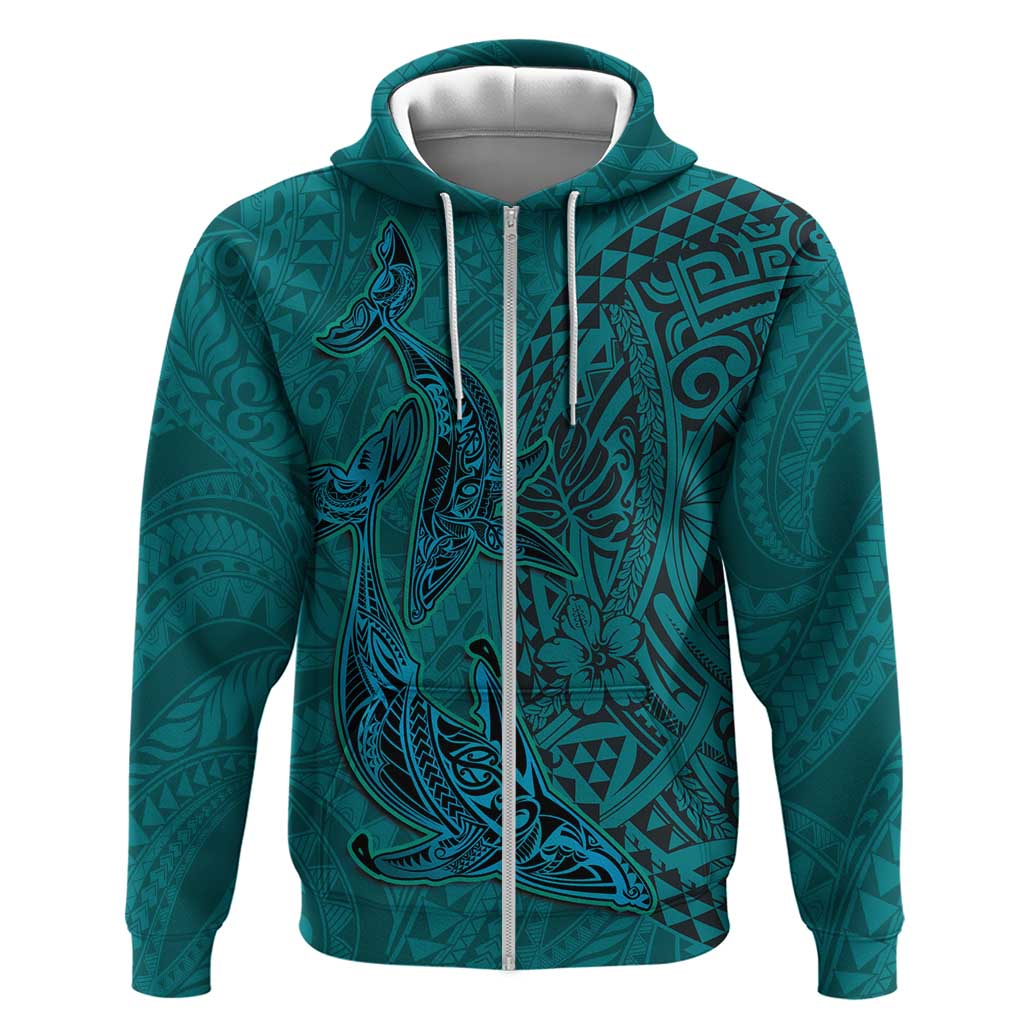 Hawaiian Whales Polynesian Art Motifs Hoodie Turquoise Color - Polynesian Pride
