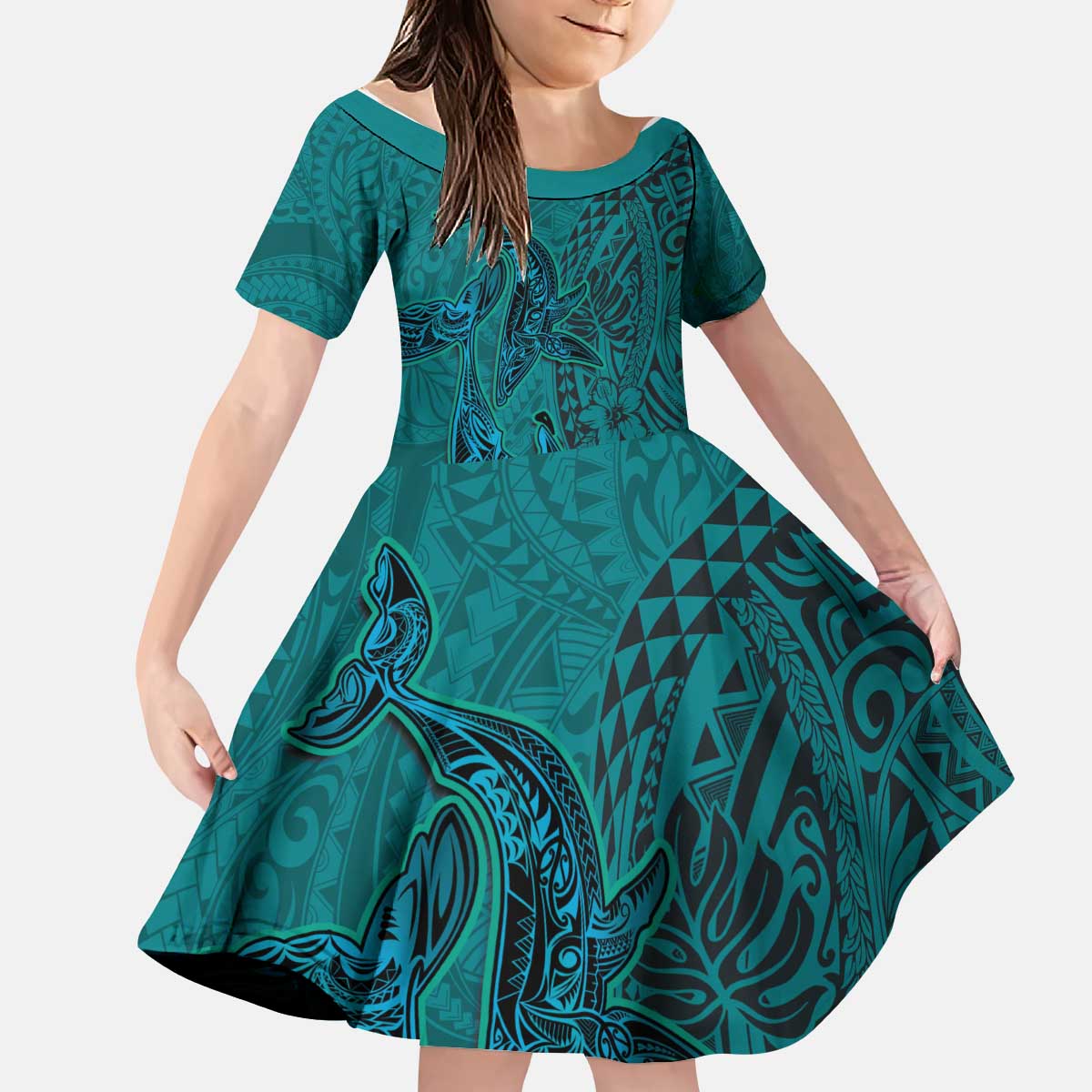 Hawaiian Whales Polynesian Art Motifs Kid Short Sleeve Dress Turquoise Color - Polynesian Pride