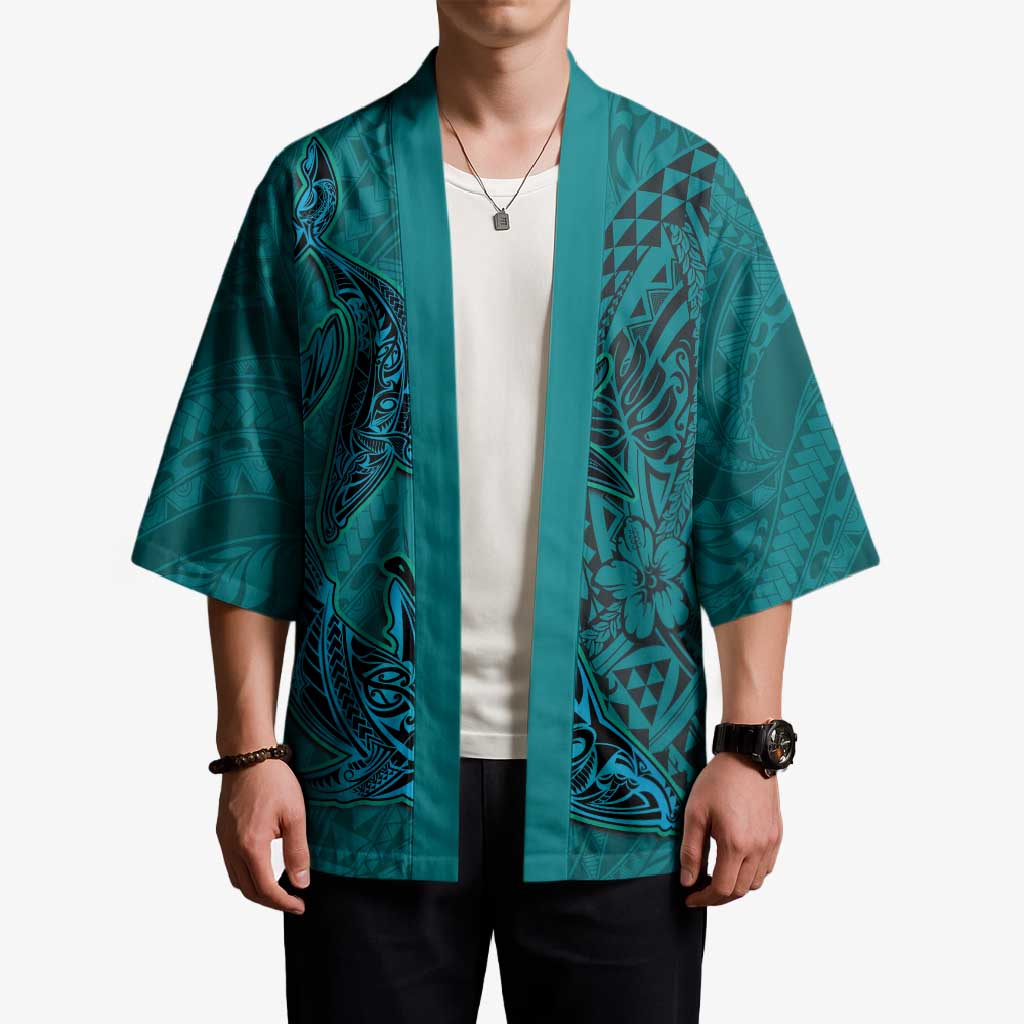 Hawaiian Whales Polynesian Art Motifs Kimono Turquoise Color - Polynesian Pride