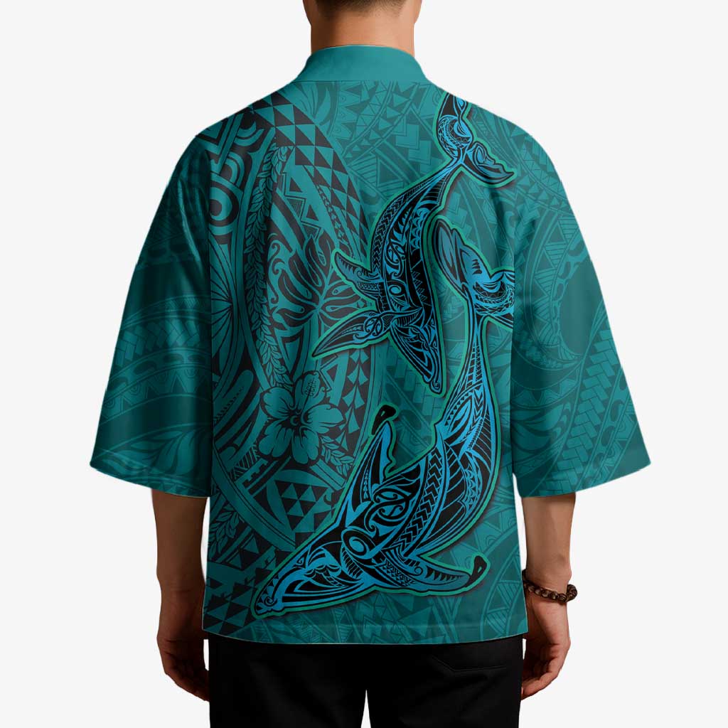 Hawaiian Whales Polynesian Art Motifs Kimono Turquoise Color - Polynesian Pride