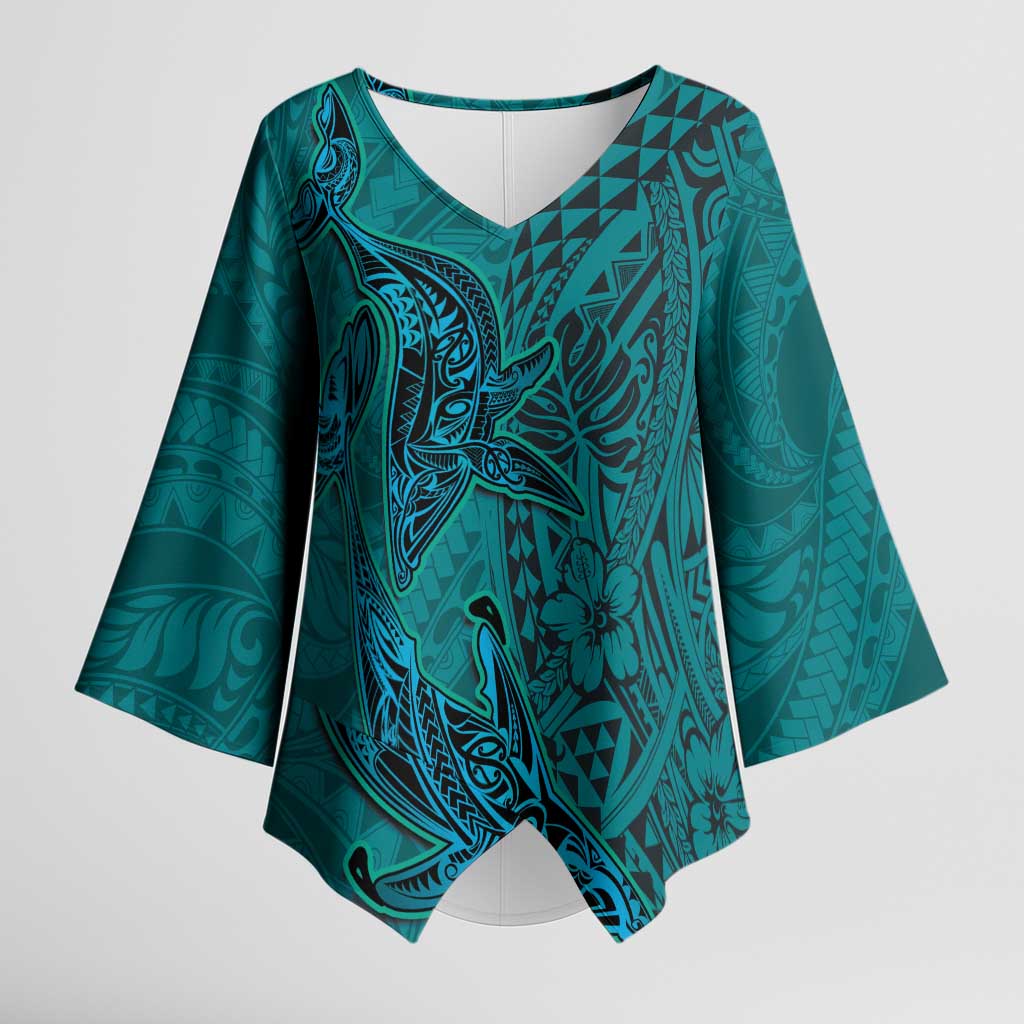 Hawaiian Whales Polynesian Art Motifs Kimono Sleeve Blouse Turquoise Color LT03 Female Turquoise - Polynesian Pride
