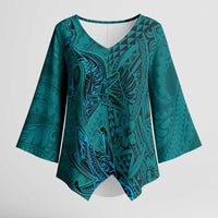 Hawaiian Whales Polynesian Art Motifs Kimono Sleeve Blouse Turquoise Color LT03 Female Turquoise - Polynesian Pride