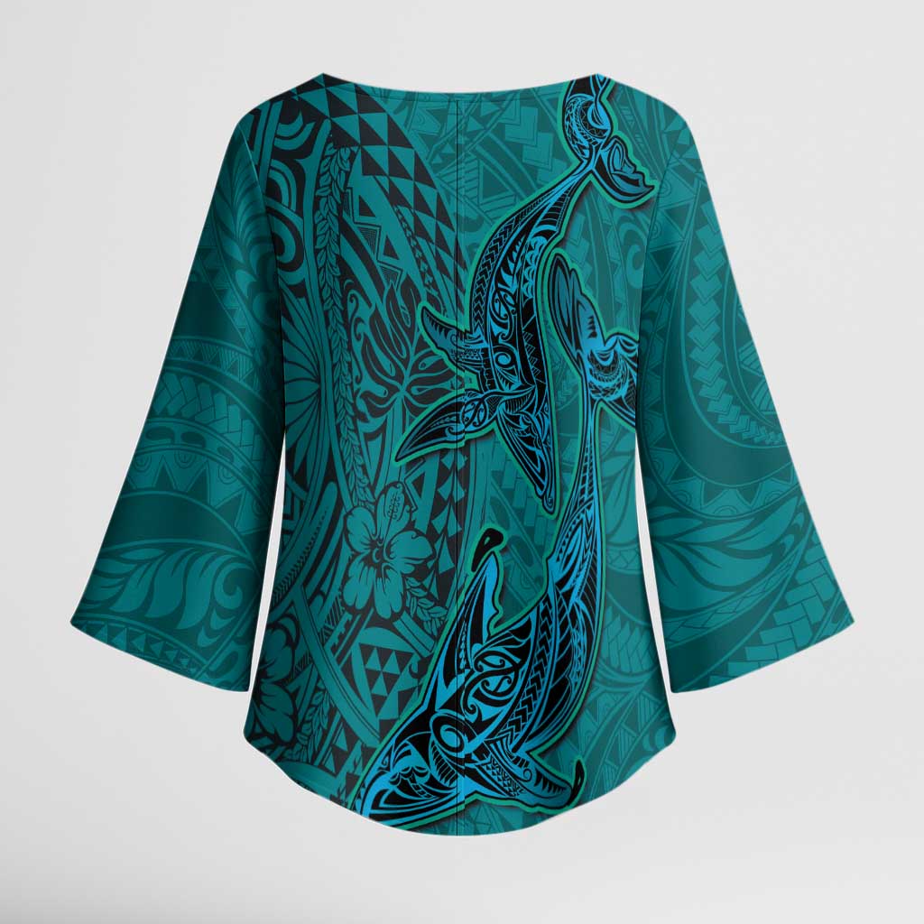 Hawaiian Whales Polynesian Art Motifs Kimono Sleeve Blouse Turquoise Color LT03 - Polynesian Pride