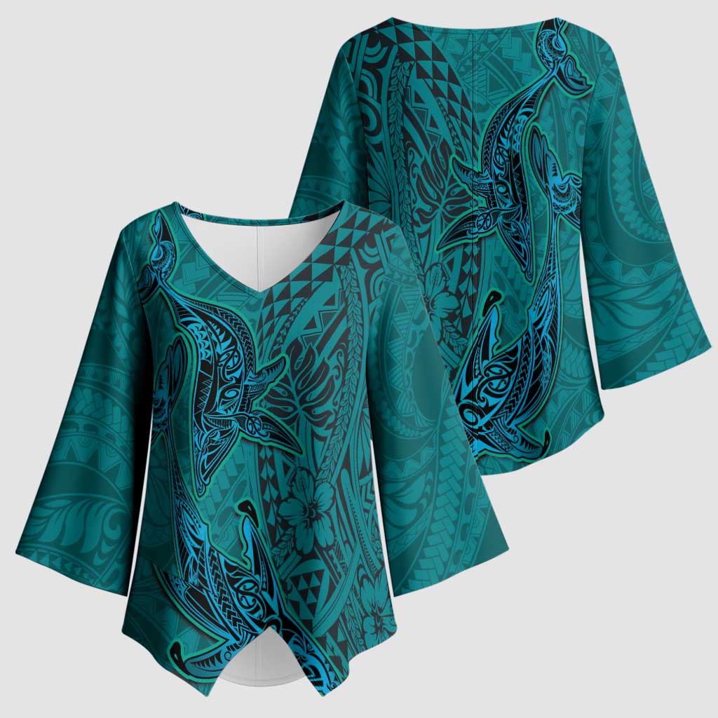 Hawaiian Whales Polynesian Art Motifs Kimono Sleeve Blouse Turquoise Color LT03 - Polynesian Pride