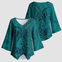 Hawaiian Whales Polynesian Art Motifs Kimono Sleeve Blouse Turquoise Color LT03 - Polynesian Pride