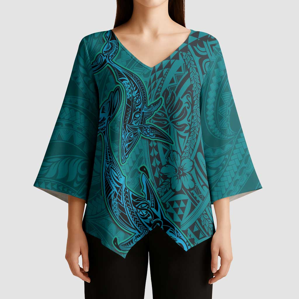 Hawaiian Whales Polynesian Art Motifs Kimono Sleeve Blouse Turquoise Color LT03 - Polynesian Pride