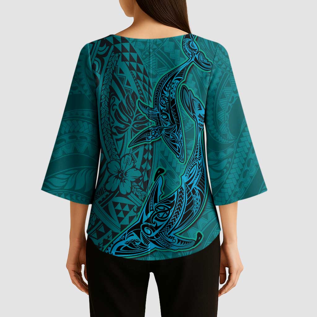 Hawaiian Whales Polynesian Art Motifs Kimono Sleeve Blouse Turquoise Color LT03 - Polynesian Pride