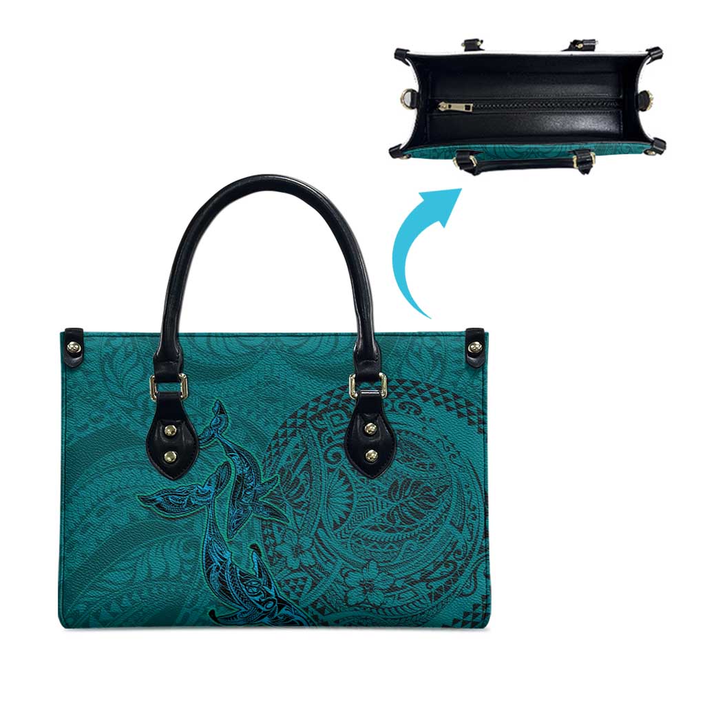 Hawaiian Whales Polynesian Art Motifs Leather Bag Turquoise Color - Polynesian Pride
