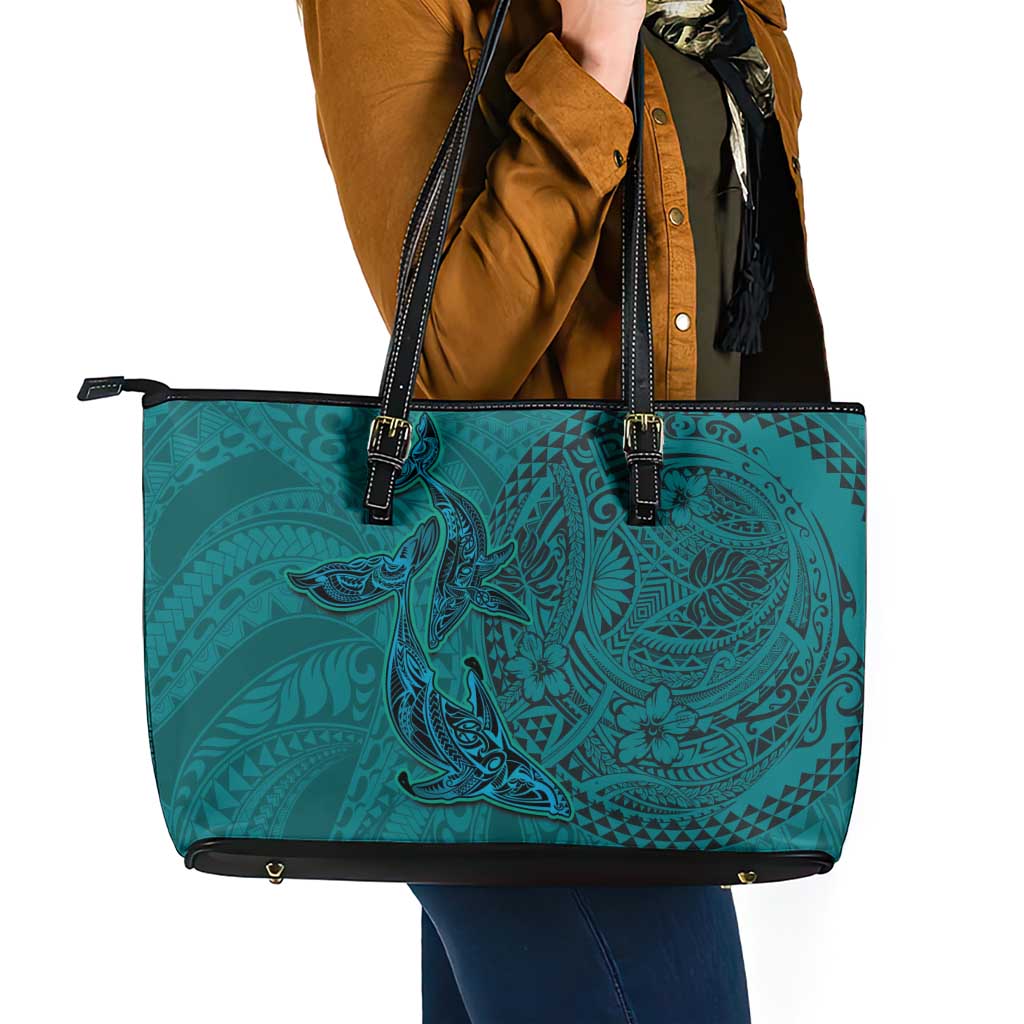 Hawaiian Whales Polynesian Art Motifs Leather Tote Bag Turquoise Color - Polynesian Pride