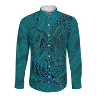 Hawaiian Whales Polynesian Art Motifs Long Sleeve Button Shirt Turquoise Color LT03 Unisex Turquoise - Polynesian Pride