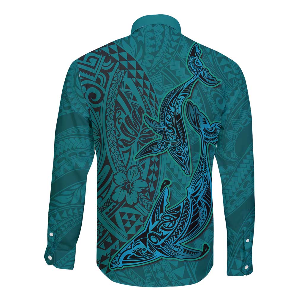 Hawaiian Whales Polynesian Art Motifs Long Sleeve Button Shirt Turquoise Color LT03 - Polynesian Pride