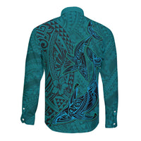 Hawaiian Whales Polynesian Art Motifs Long Sleeve Button Shirt Turquoise Color LT03 - Polynesian Pride