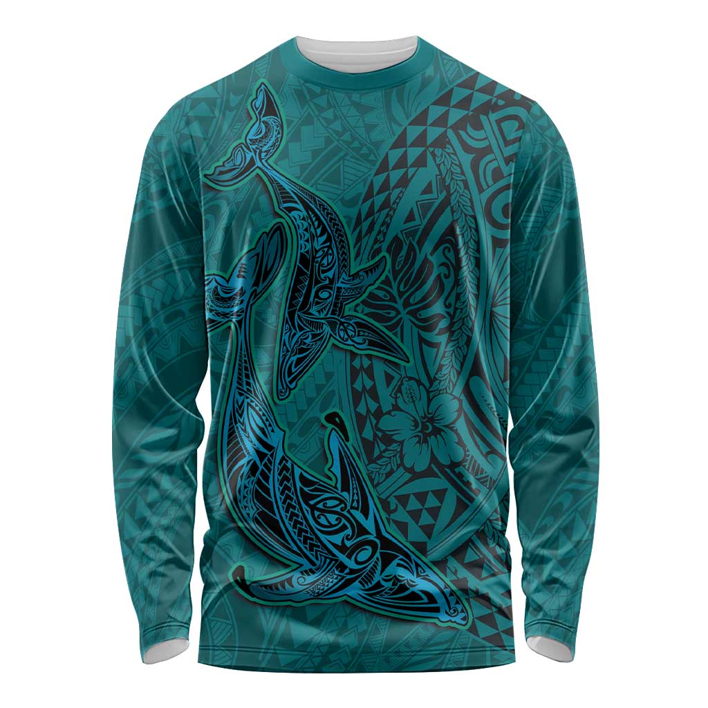 Hawaiian Whales Polynesian Art Motifs Long Sleeve Shirt Turquoise Color LT03 Unisex Turquoise - Polynesian Pride