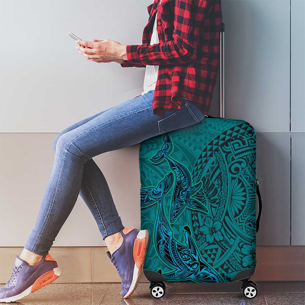 Hawaiian Whales Polynesian Art Motifs Luggage Cover Turquoise Color - Polynesian Pride