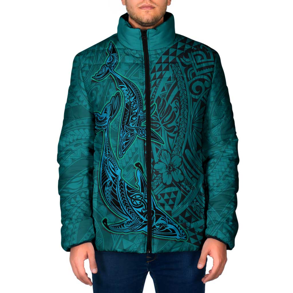 Hawaiian Whales Polynesian Art Motifs Padded Jacket Turquoise Color LT03 Men Turquoise - Polynesian Pride