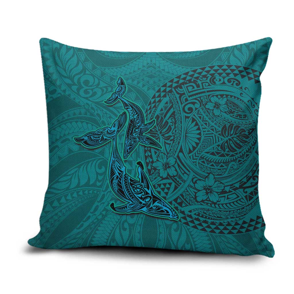Hawaiian Whales Polynesian Art Motifs Pillow Cover Turquoise Color - Polynesian Pride