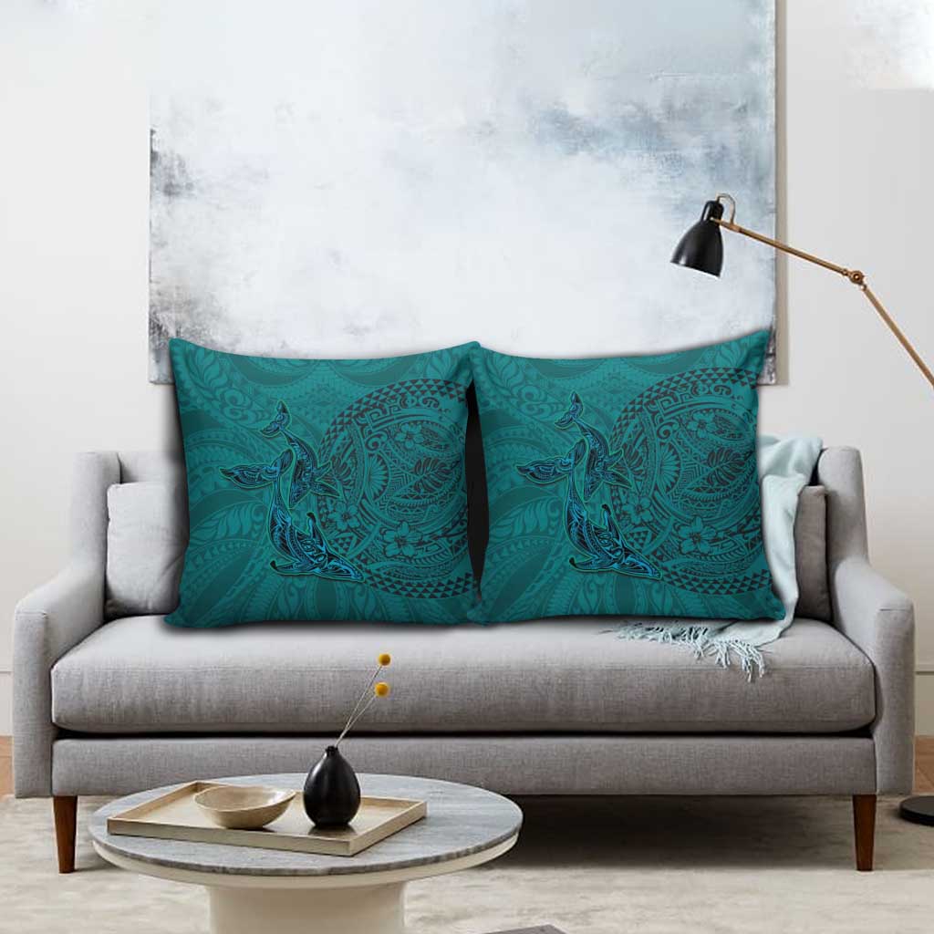 Hawaiian Whales Polynesian Art Motifs Pillow Cover Turquoise Color - Polynesian Pride