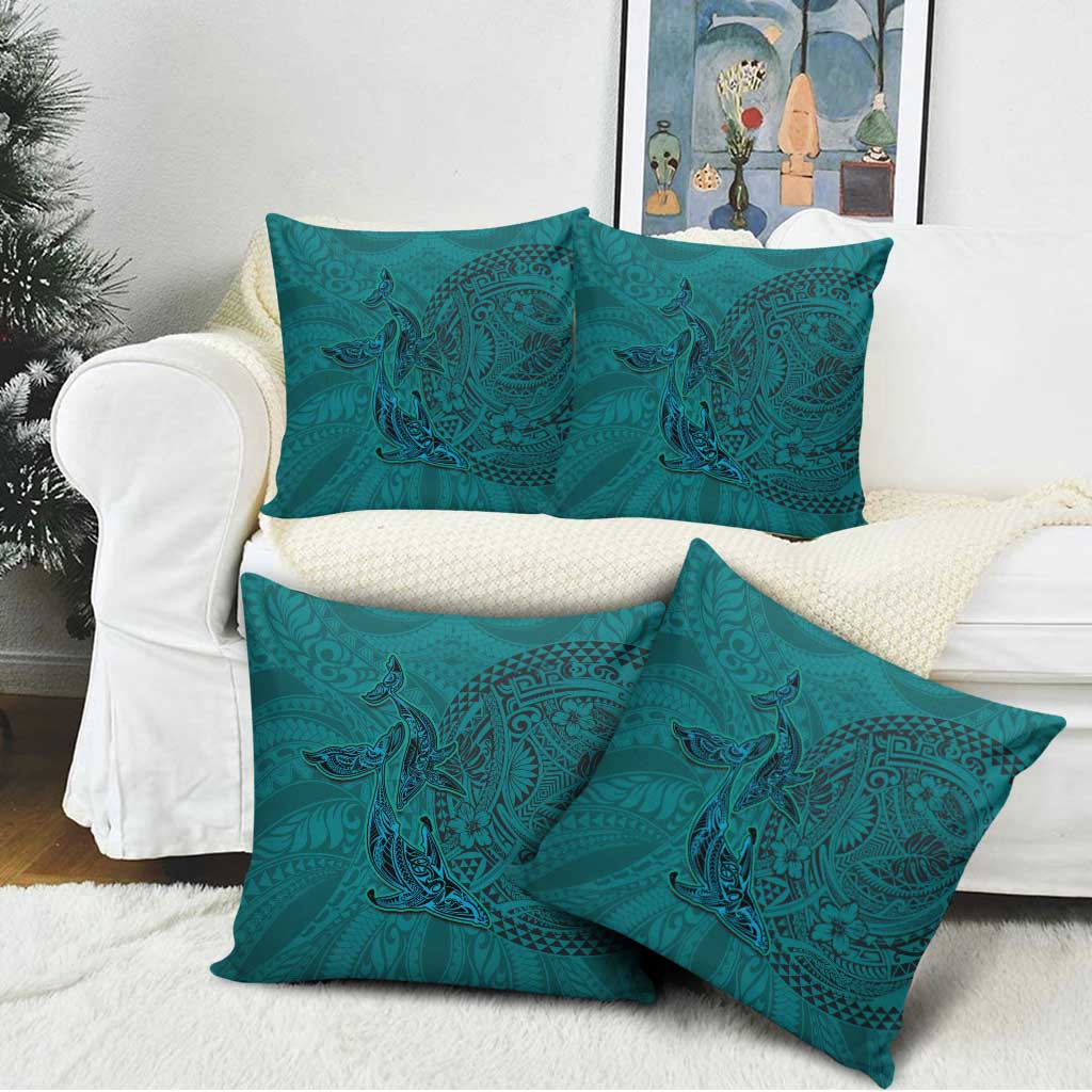 Hawaiian Whales Polynesian Art Motifs Pillow Cover Turquoise Color - Polynesian Pride