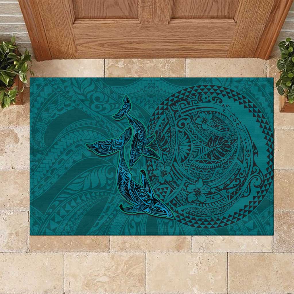 Hawaiian Whales Polynesian Art Motifs Rubber Doormat Turquoise Color LT03 Turquoise - Polynesian Pride