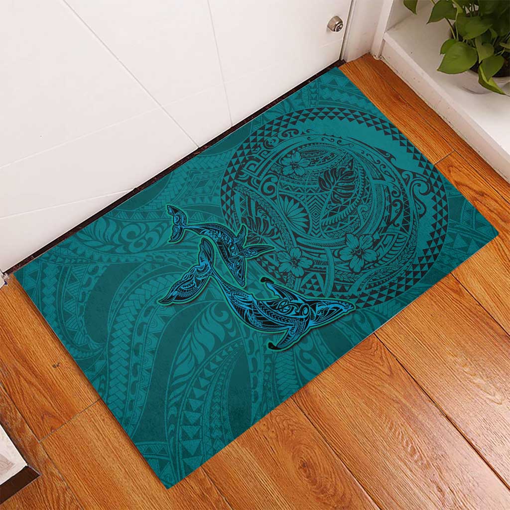 Hawaiian Whales Polynesian Art Motifs Rubber Doormat Turquoise Color LT03 - Polynesian Pride