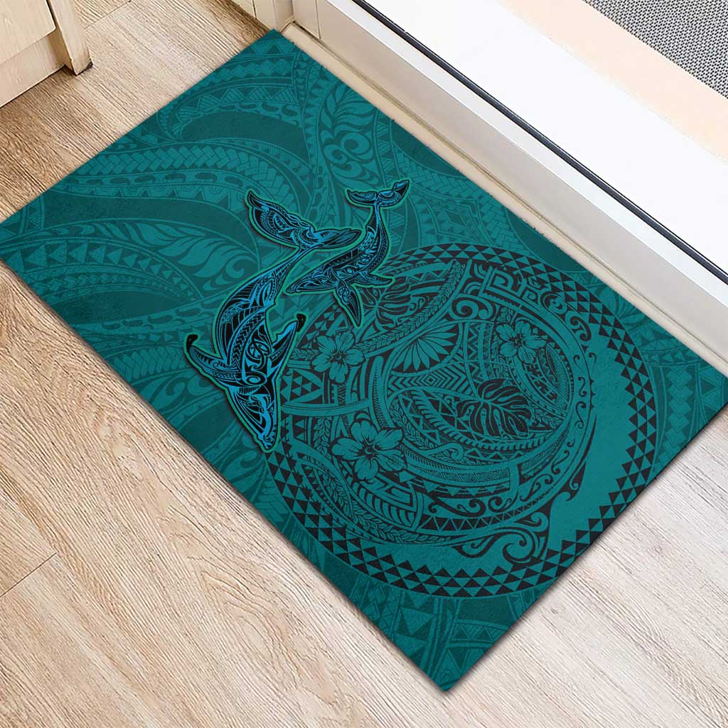 Hawaiian Whales Polynesian Art Motifs Rubber Doormat Turquoise Color LT03 - Polynesian Pride