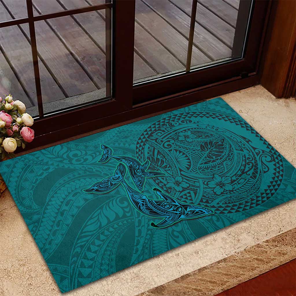 Hawaiian Whales Polynesian Art Motifs Rubber Doormat Turquoise Color LT03 - Polynesian Pride