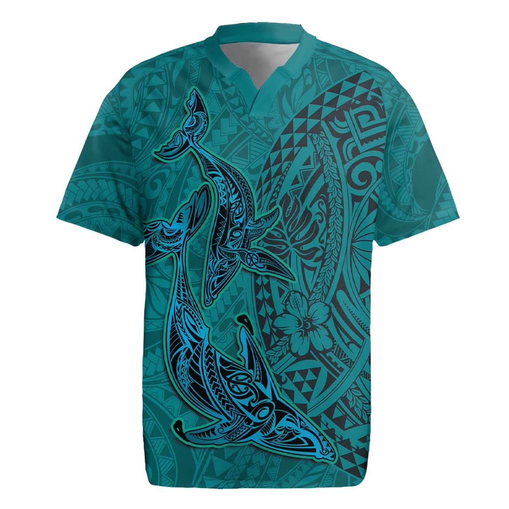 Hawaiian Whales Polynesian Art Motifs Rugby Jersey Turquoise Color - Polynesian Pride