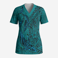 Hawaiian Whales Polynesian Art Motifs Scrub Top Turquoise Color - Polynesian Pride