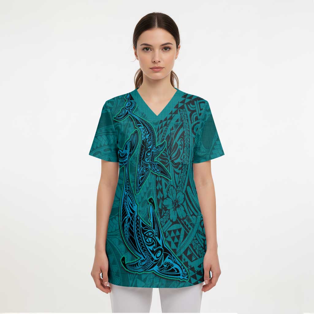 Hawaiian Whales Polynesian Art Motifs Scrub Top Turquoise Color - Polynesian Pride